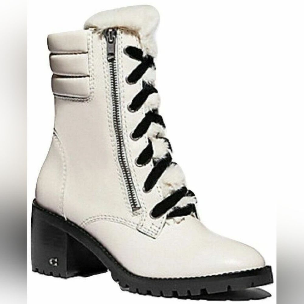 Coach Designer Jenna Cream Lugged Heel Zip Up Ivory Leather Fur Boots - Size 9